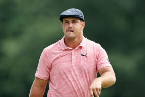 CROMWELL, CONNECTICUT - JUNE 28: Bryson DeChambeau of the United States reacts after missing a putt on the fourth green during the final round of the Travelers Championship at TPC River Highlands on June 28, 2020 in Cromwell, Connecticut. (Photo by Elsa/Getty Images)